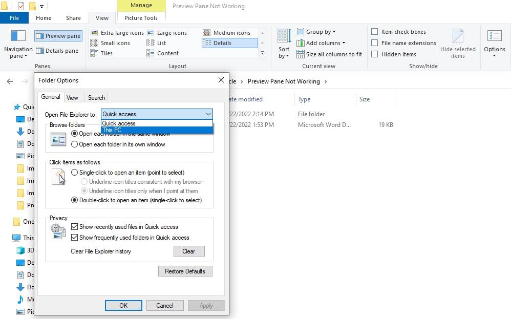 Cambio de Abrir Explorador de archivos a Opción en Opciones de carpeta de Windows Explorador de archivos