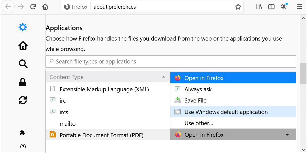 captura de pantalla de la vista previa de la configuración del lector de PDF de Firefox en Firefox