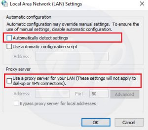desmarque Usar un servidor proxy para su opción de LAN
