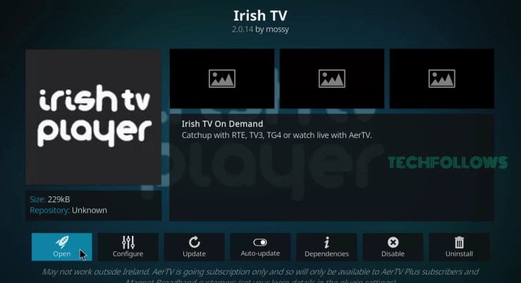 Haga clic en Abrir para iniciar el complemento kodi de Irish TV