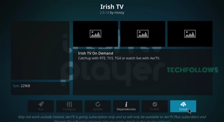 Haga clic en Instalar para obtener TV irlandesa Kodi Addon