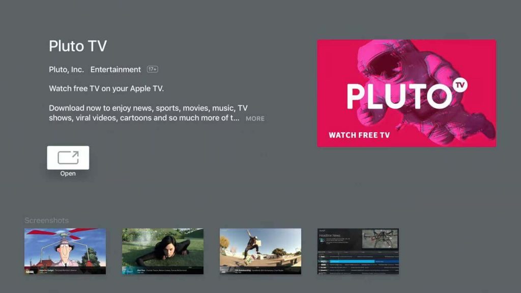 haga clic en abrir para instalar pluto tv en apple tv