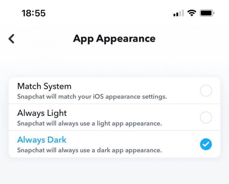 Modo oscuro en Snapchat: haga clic en Siempre oscuro