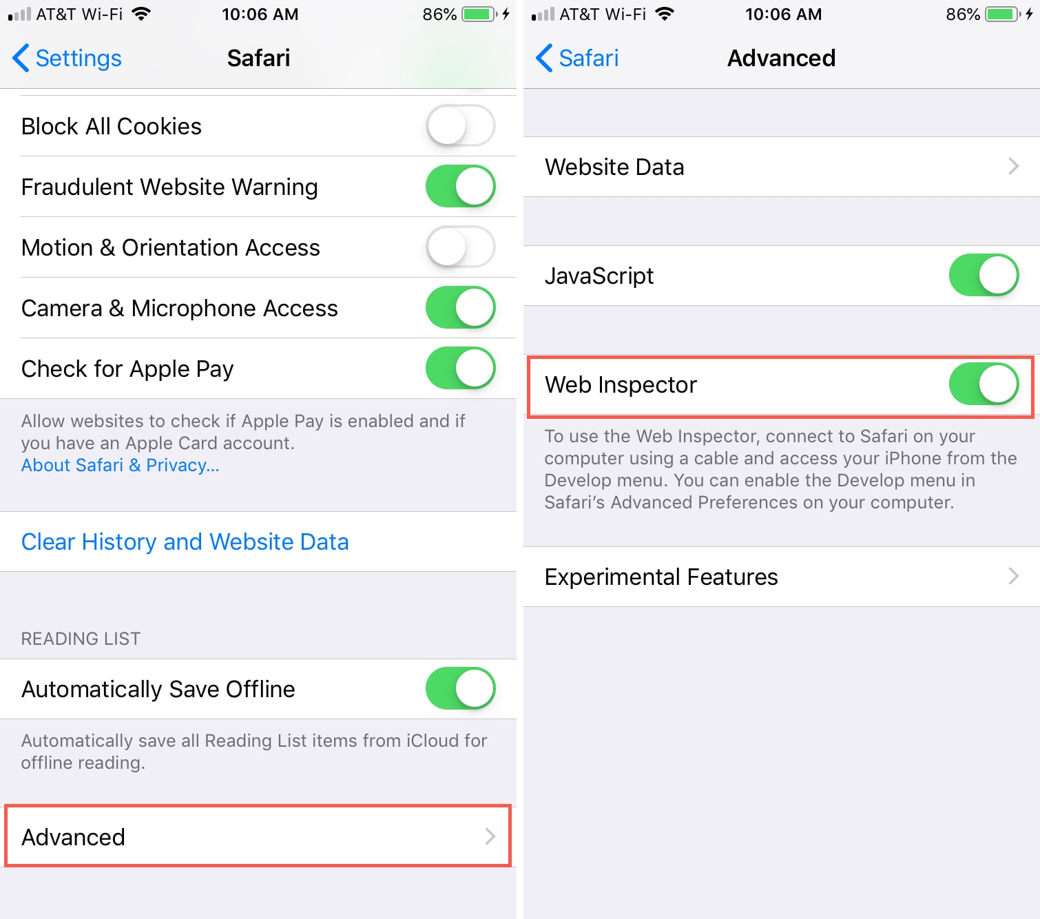 Habilitar Safari Web Inspector en iPhone